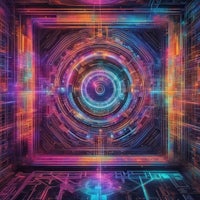 a futuristic background with colorful lights and a circular shape